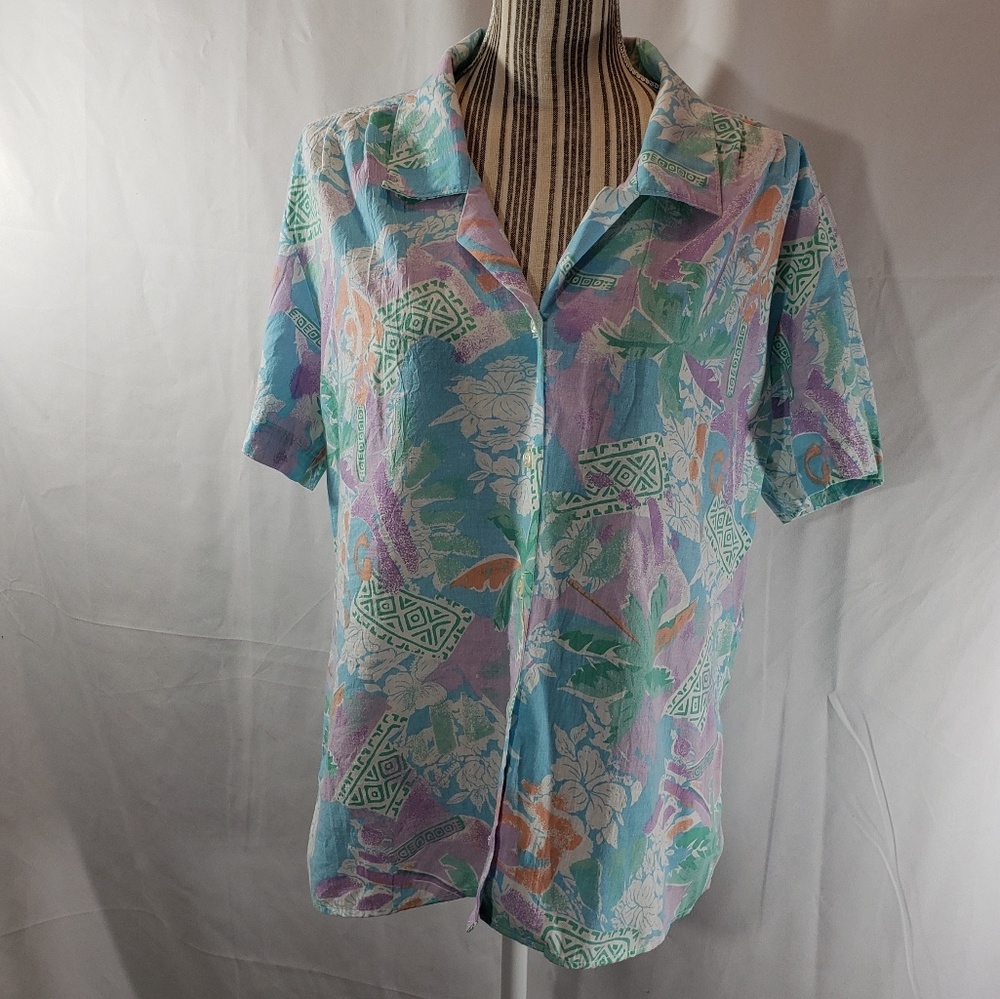 Vintage Cedar hill Patterned Cotton Blend Short Sleeve Button Up Blouse Size 14